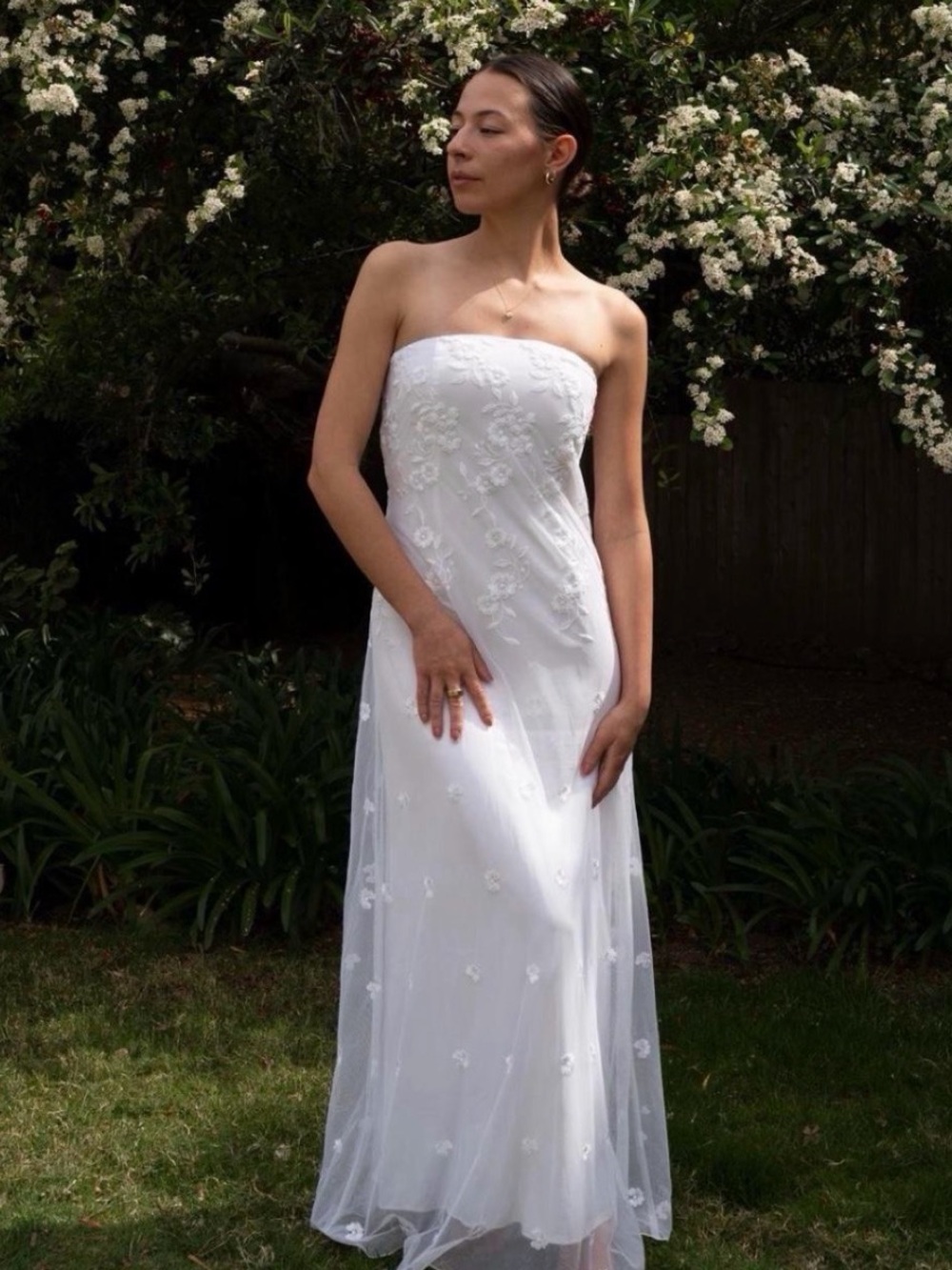Strapless White Floral Embroidered Bridal Gown